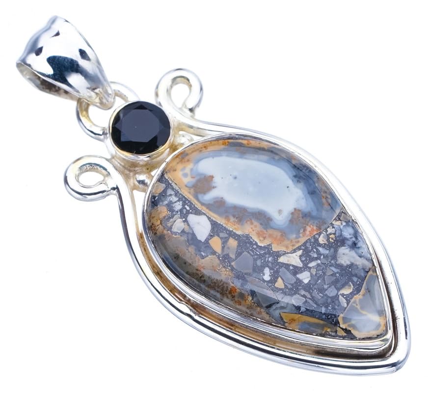 Jaspe naturelle et onyx noir pendentif argent 925 pour sublimer vos tenues bohèmes chic