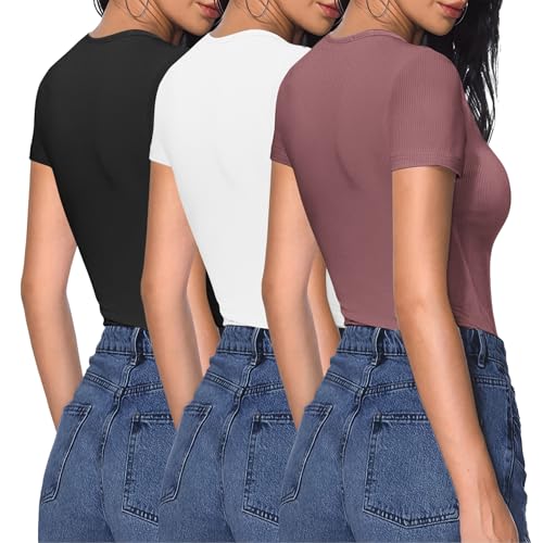 HOTOUCH Deep V Neck Tops for Women Sexy Low Cut Summer Ribbed Knit T Shirts Slim Fit Stretchy Basic Fashion Tee4