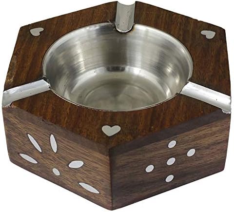 Whopperonline Indian Handmade Beautiful Design Octal Shaped Wooden Ashtray, Antique Ashtray Steel Bowl White Design, Ash Tray Home/Office Décor – Smoking Cigarette Holder
