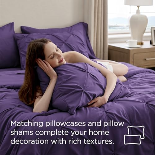 Image of Bedsure Full Comforter Set Purple - Bed in a Bag Full Size Bedding Set 7 Pieces, GentleSoft Pintuck Bed Set Gift for Family, All Season Down Alternative Comforter with Sheets, Pillowcases & Shams