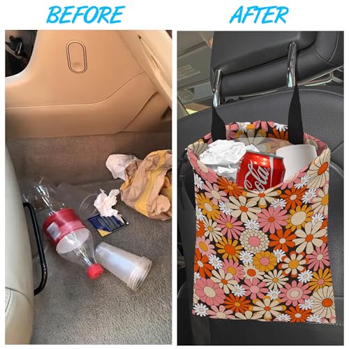 Image of Car Trash Bag Vintage Groovy Flowers Car Garbage Bag Hanging Car Trash Can