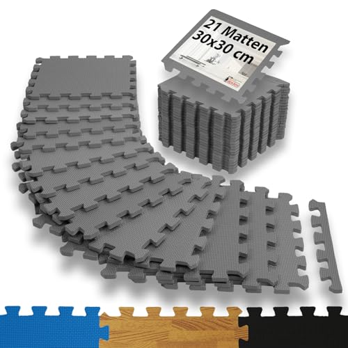 ALPIDEX 1,95 m² Bodenschutzmatte 21 Stück 30x30x1 cm Schutzmatten Set Sportmatte Gymnastikmatte Sportgeräte Matte Fitnessmatte Turnmatte Unterlegmatte Bodenmatte Trainingsmatte Gummimatte, Grey