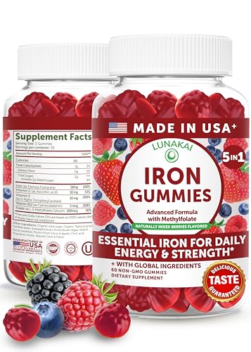 Lunakai USA Made Vegan Iron Gummies 5-in-1 with Methylfolate Vitamin C E & B12 - Daily Chewable Iron Supplement for Women Men & Kids - Energy & Blood Health Support Non-GMO 60ct