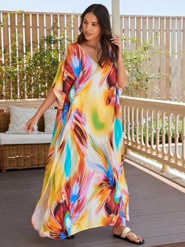 Image of IMAGEKOPE Women's Plus Size Loose Fit Moroccan Print V-Neck Batwing Kaftan Beach Dress Bathing Suit Cover Up