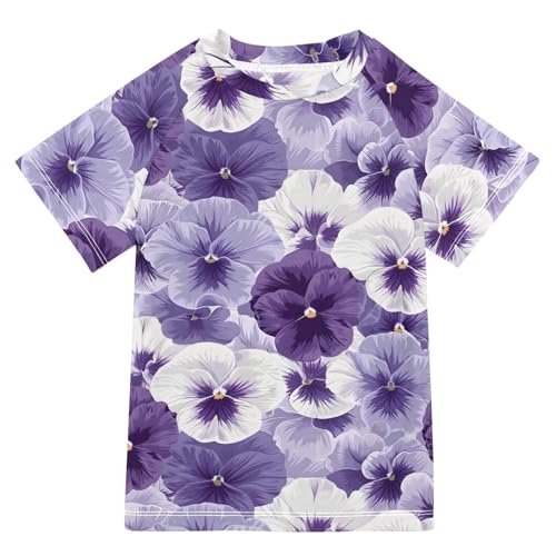 ALAZA Kids Rash Guard Girls Toddler Swim Shirts Short Sleeve Pansy Flowers White Violet UPF 50+ 3T