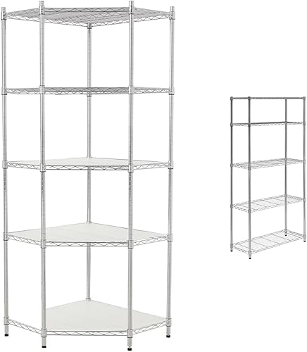 Honey-Can-Do 5-Tier Corner Shelf 72H x 27D x 27W & 5-Tier Chrome Heavy-Duty Adjustable Shelving Unit with 200-lb Per Shelf Weight Capacity
