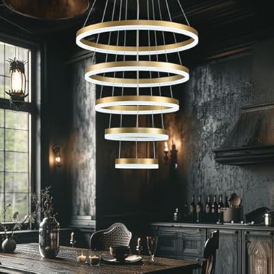 Modern Gold LED Chandelier - 5 Ring Dimmable Pendant Light for Dining Room, Kitchen Island, Bedroom & Office