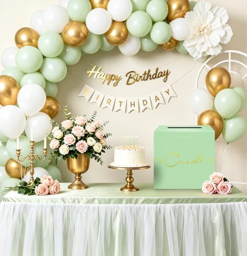 Image of HEIPINIUYE Sage Green Wedding Card Box with Gold Foil 9.8 inch x 9.8 inch Green Large Gift Card Box for Party Wedding Reception Graduation Birthday Baby Shower Cardboard Raffle Envelope Box with Slot