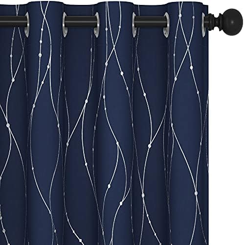 Deconovo Navy Blackout Curtains and Drapes 84 Inch Length 2 Panels Set - Bedroom Grommet Curtains with Floral Design (52 x 84 Inch, Navy Blue, 2 Panels)