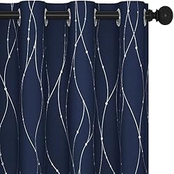 Deconovo Living Room Curtains 108 Inch Long, Blackout Curtains for Bedroom | Silver Line Foil Pattern Drapes, Thermal Insulated, Room Darkening, Grommet, 2 Panels Set, Navy Blue, 52 x 108 Inch