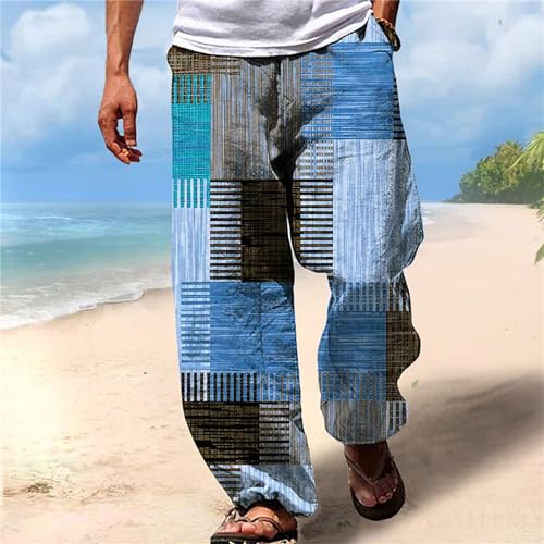 Mens Casual Pants Elastic Waist Wide Leg Stripes Patchwork Lightweight Trendy Pants Beach Yoga Trousers with Pockets2