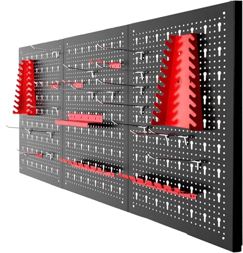 JOMAFA Organizador de Herramientas de Pared, Panel Perforado con ganchos para colgar herramientas, Estantería de Taller, Banco de Herramientas, Tablero Perforado - 3 Tableros con accesorios