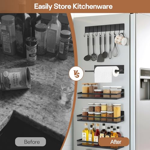 OtterOasis Pacote com 5 prateleiras magnéticas para geladeira e máquina de lavar, organizador magnético de lavanderia, suporte magnético para temperos para geladeira com ganchos versáteis, suporte de