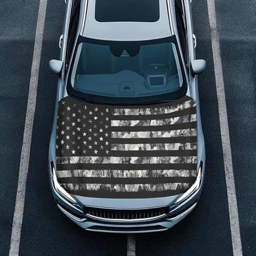 Image of Black American Flag Design Car Hood Cover Protector Waterproof Sunproof Car Hood Flag 4th of July Patriotic Decorations Auto Accessories for SUV Sedans Trucks Pickup