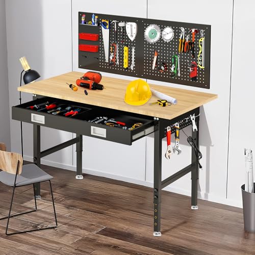 Image of 60 inch Workbench with Drawers, Adjustable Height Work Bench 2000 LBS Heavy-Duty Work Table Rubber Wood Work Station with Power Outlet & Pegboard for Garage, Office, Workshop, Home, Party Shop