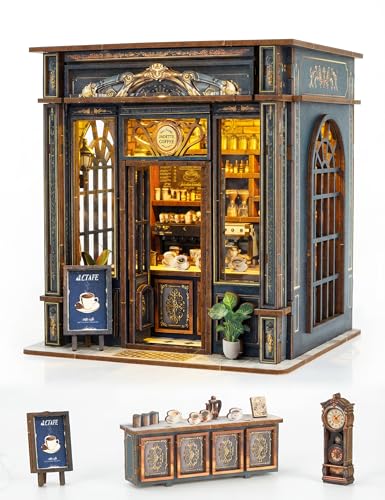 BOOZUU Coffee Shop Book Nook Kit for Adults DIY Miniature House Kit Bookshelf Insert with Light 174 Pcs Medieval Cafe Decor Gift for Book Lovers