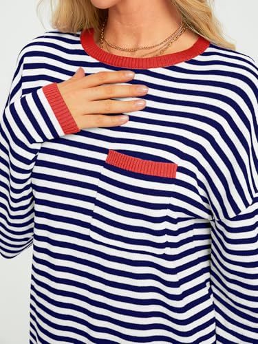 Image of LILLUSORY Womens Striped Soft Knit Pullover Sweater Loose Fit Shirts with Chest Pocket