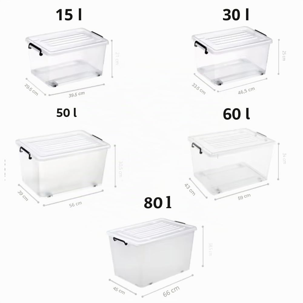 POSH Lot de 4 boîtes de rangement avec couvercle - En plastique de qualité alimentaire - Avec roulettes - 15/30/50/60/80 litres - Empilables pour la maison, les clips de fermeture, l'organisation - 60