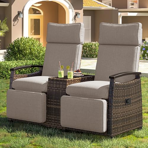 GUANGHONG Outdoor Recliner Loveseat Chair Set, Wicker Reclining Patio Chairs with Adjustable Backrest, Wood Armrests, Lounge Chair w/Built-in Storage Space, for Balcony, Porch, Lawn (Brown)