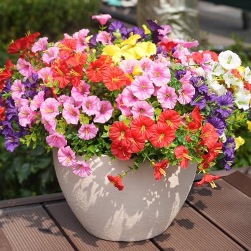 Image of Artificial Flowers for Outdoors, UV Resistant Fake Silk Morning Glory, Realistic Faux Plants for Outside Porch Patio Window Box Hanging Planter (12, Purple White Yellow Pink Red)