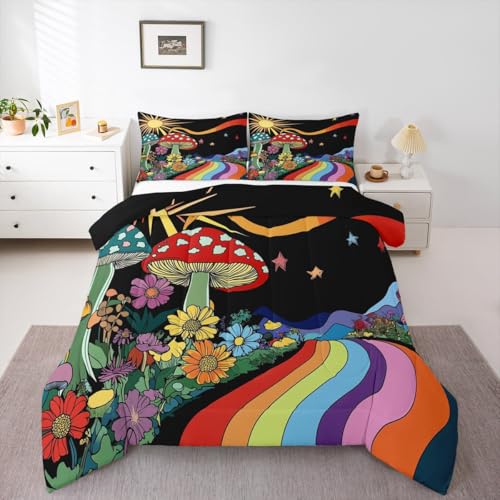 Erosebridal Conjunto de edredom completo de cogumelo trippy Groovy floral edredom e conjuntos de cama arco-íris listrado edredom hippie de olho boho edredom noite estrelada conjunto de cama tema dos anos 70 decoração com 2 fronhas
