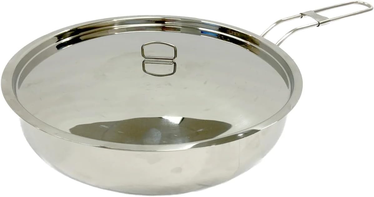 Bayou Classic 10-inch Stainless Steel Skillet with Lid, Folding Handle, Outdoor and Camp Cooking, 304 Steel, Heavy Base