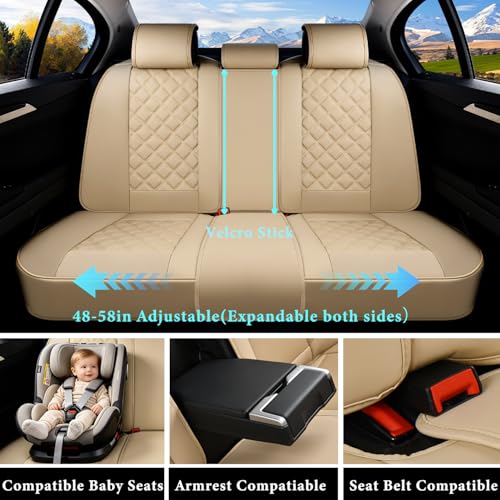 Image of Car Seat Covers Full Set, Luxury Leather Seat Cover for Cars 5 Seats, Front Seats and Back Car Seat Protector Waterproof Seat Cushions, Universal Automotive Seat Covers for Most Cars SUV Trucks, Beige