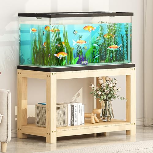 Soporte de acuario – Soporte de pino natural resistente de 2 niveles para pecera, tanque de reptiles, plantas de interior e impresora, mesa de almacenamiento multiusos para interiores