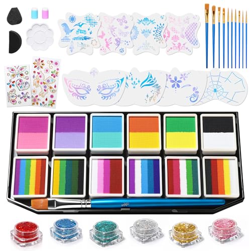 Face Painting Kit - 42 Colors Professional Face Paint Makeup Kit Non-Toxic Water Activated Body Palette with Brushes Stencils Glitter Gem Sponge for Halloween Arty Makeup & Cosplay Party