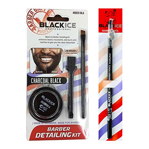 Black Ice Barber Detailing Kit Enhance Beard Mustache Sharp Hairline Brush Color + 1 Free Black Ice Spray Barber Pencil. (Charcoal Black + 1 Free Spray Barber Pencil (pencil Black))