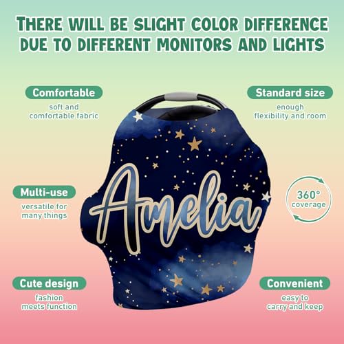 Image of Personalised Car Seat Cover for Babies - Multi-use Carseat Canopy Cover with Name, Dark Blue Star Car Seat Covers, Christmas Birthday Gifts for Infant Boys and Girls