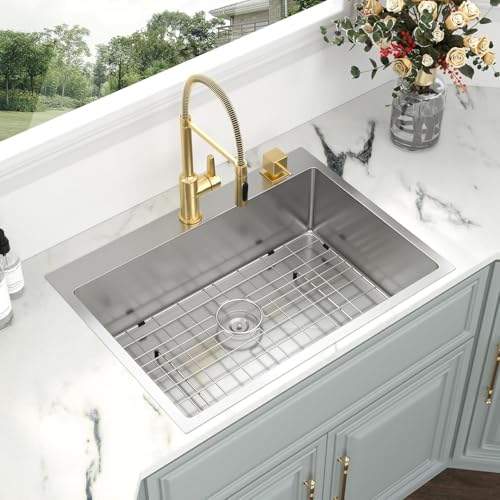 Image of Kichae 30 Inch Drop In Kitchen Sink - Stainless Steel Kitchen Sinks 30x22x9 Inch Topmount Overmount Single Bowl Handmade Basin