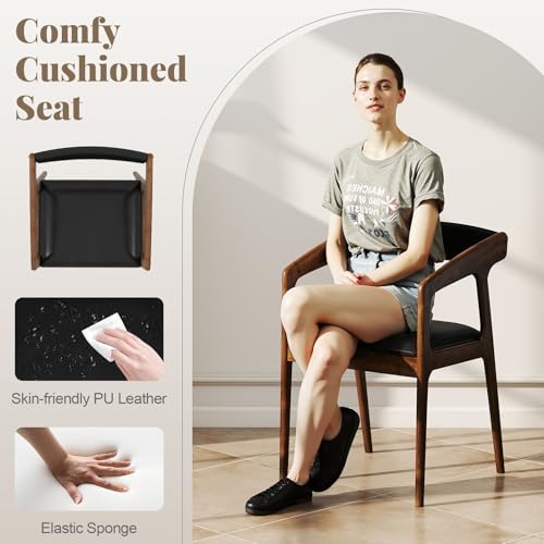 Image of COSTWAY Dining Chairs with Arms Set of 4, Mid Century Modern Wooden Accent Chairs with Faux Leather Seat & Padded Backrest, Kitchen Side Armchairs for Living Dining Reading Room, Brown & Black