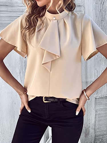 Verdusa Women's Mock Neck Butterfly Sleeve Ruffle Front Blouse Button Decor Dress Shirt Apricot S #TOP20
