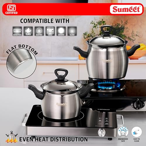 Image of Sumeet ISI Certified Stainless Steel Cook & Serve Pineapple Shape Handi /Cooking Pot with Steel Lid |Induction and Gas Compatible | Set of 2Pc - Capacity - 2000 & 4000ml -Dia - 17 & 20cm, Silver