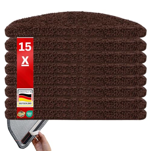 Floordirekt Shaggy-Stufenmatten Barcelona - 15er Set - Treppenmatten in 16 Farben, Strapazierfähig & pflegeleicht, Stufenteppich für Innen (Dunkelbraun, Halbrund 65 x 23,5 cm)