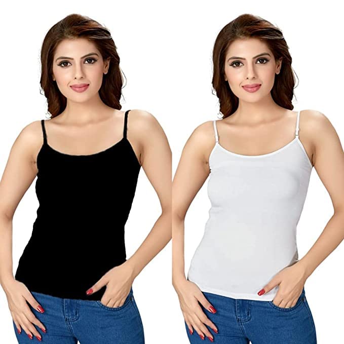 ok interprice Women's Cotton Sleeveless Camisole Slip Spaghetti - Pack of 2 (Free Size, White & Black)-picture-36