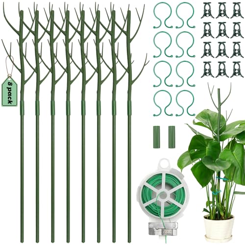 Linyona 8 Pack Monstera Plant Support Stakes, 27.5inch Detachable Twig Plant Support Stakes with 12 Orchid Clips, 8 Twist Clips 65ft Twist Ties - Ideal Plant Stakes for Indoor Outdoor Plants