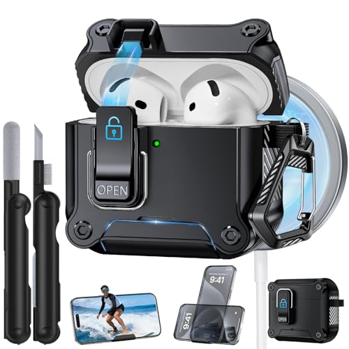 Image of Dual Safety Lock for AirPods 4 Case 2024, Compatible with MagSafe - Designed with Automatic Switch and Phone Stand, Includes a Cleaner & Keychain - Rugged Tough Hard Shell for Apple AirPods 4, Black