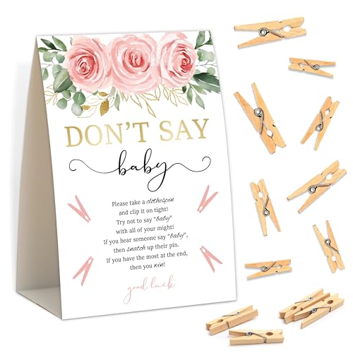 Senkiiv Baby Shower Games - Blush Pink Floral Don't Say Baby Clothespin Game, 1 Sign and 50 Mini Clothespins, Gender Reveal Game, Floral Baby Shower Decoration Supplies (JZC15)