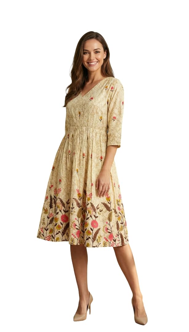 new ethnic 4 you Stylish Women Floral Printed Poly Rayon Dress with V Neck & 3/4 Sleeves-picture-35