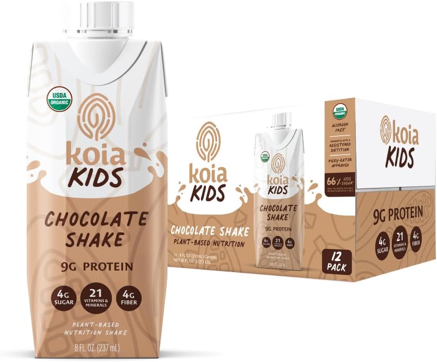 Kids Plant Based Protein Shake, Chocolate, Ready to Drink, 9g Protein, 4g Low Sugar, 4g Fiber, 21 Vitamins & Minerals, Dairy-Free, Allergen-Free, Organic, Non-GMO, 8 Fl Oz (Pack of 12)