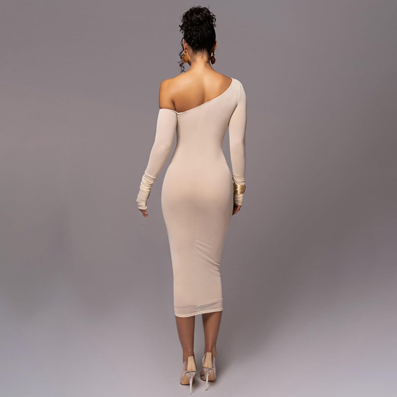 Sexy Bodycon Maxi Dress for Women Sheer Long Sleeve Off The Shoulder Party Club Ruched Mesh Dresses - Image 4
