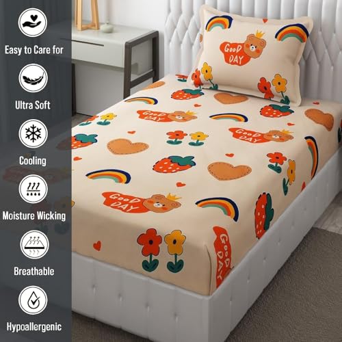 Image of RD FABS Cartoon Wrinkle Free Glace Cotton Bedsheet for Kids Single Bedsheet with 1 Pillow Cover (60x90 Inches /Good Day /Pale Color /Boys Girls Room), Multicolor, 144 TC