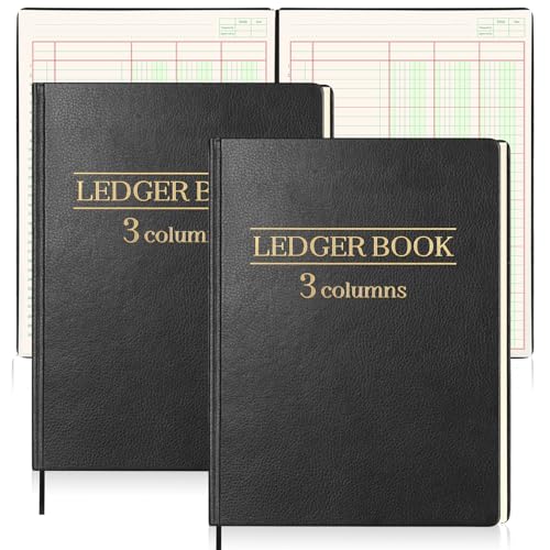 2 Pack Ledger Book 3 Column 200 Pages 7 x 9.25 Inches Account Book with 1 Label Ribbon PU Leather Cover Black Columnar Book 30 Entries Per Page Record Book for Money Budget Logs Finance Business