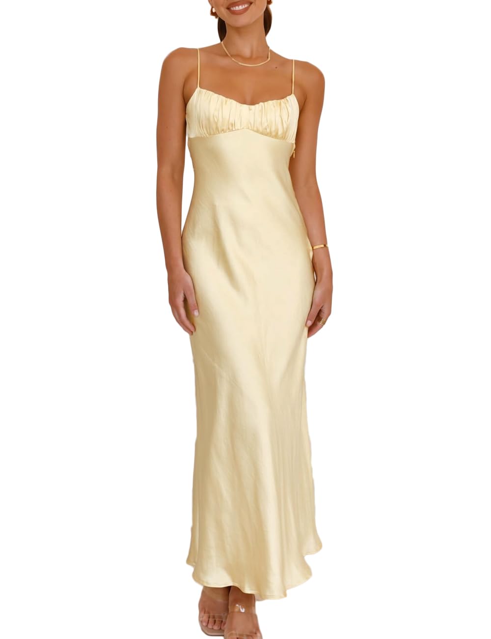 Realtix Satin Spaghetti Strap Backless Midi Dress