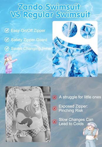 Image of Zando UPF50+ Girls Long Sleeve One Piece Swimsuit with Zipper - Rash Guard for Teens Toddler Kids 2-15 Years