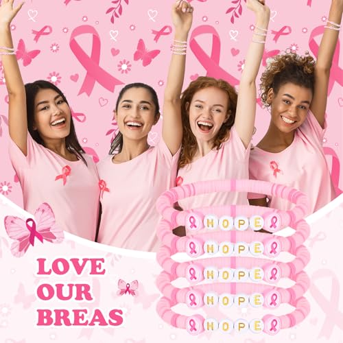 Tondiamo 24 Pcs Hope Breast Cancer Awareness Bracelets for Women Polymer Clay Beaded Ribbon Bracelets Breast Cancer Awareness Accessories Gift Bulk for Women4