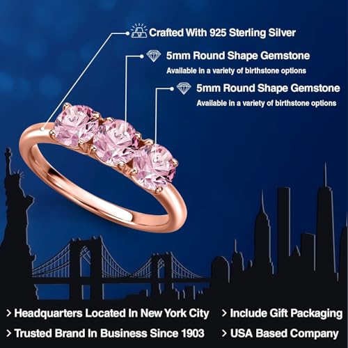 Gem Stone King 18K Rose Gold Plated Silver Pink Lab Grown Diamond 3-Stone Engagement Ring For Women | 1.50 Cttw | Round 5MM | Gemstone April Birthstone | Available in Size 5,6,7,8,92