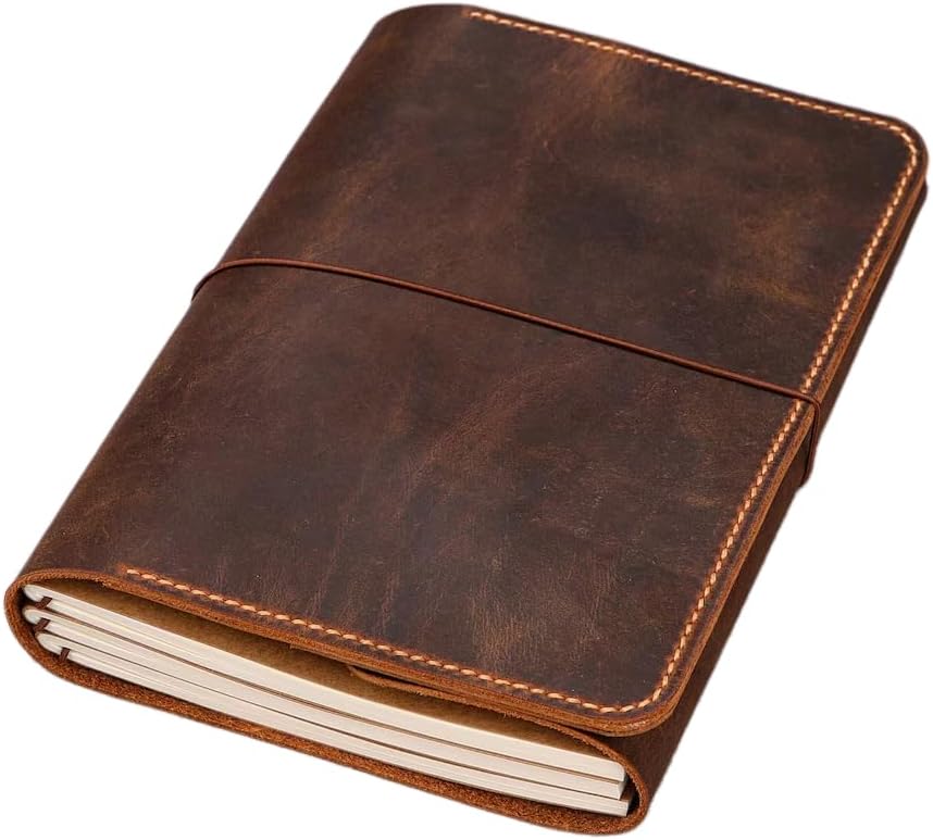 Personalized Full Grain Leather Journal Cover Refillable Notebook A5 A6, Handmade Trifold Leather Journal with Card Slots & Pen Loop, Custom Engraved Travel Writing Journal Cover T01-LJA56C